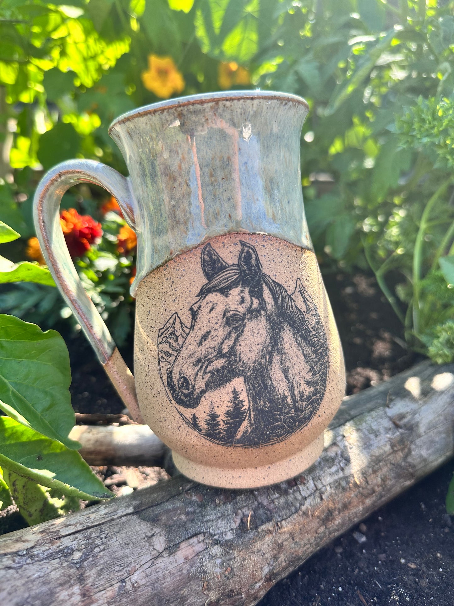 Handmade ceramic mug with horse design