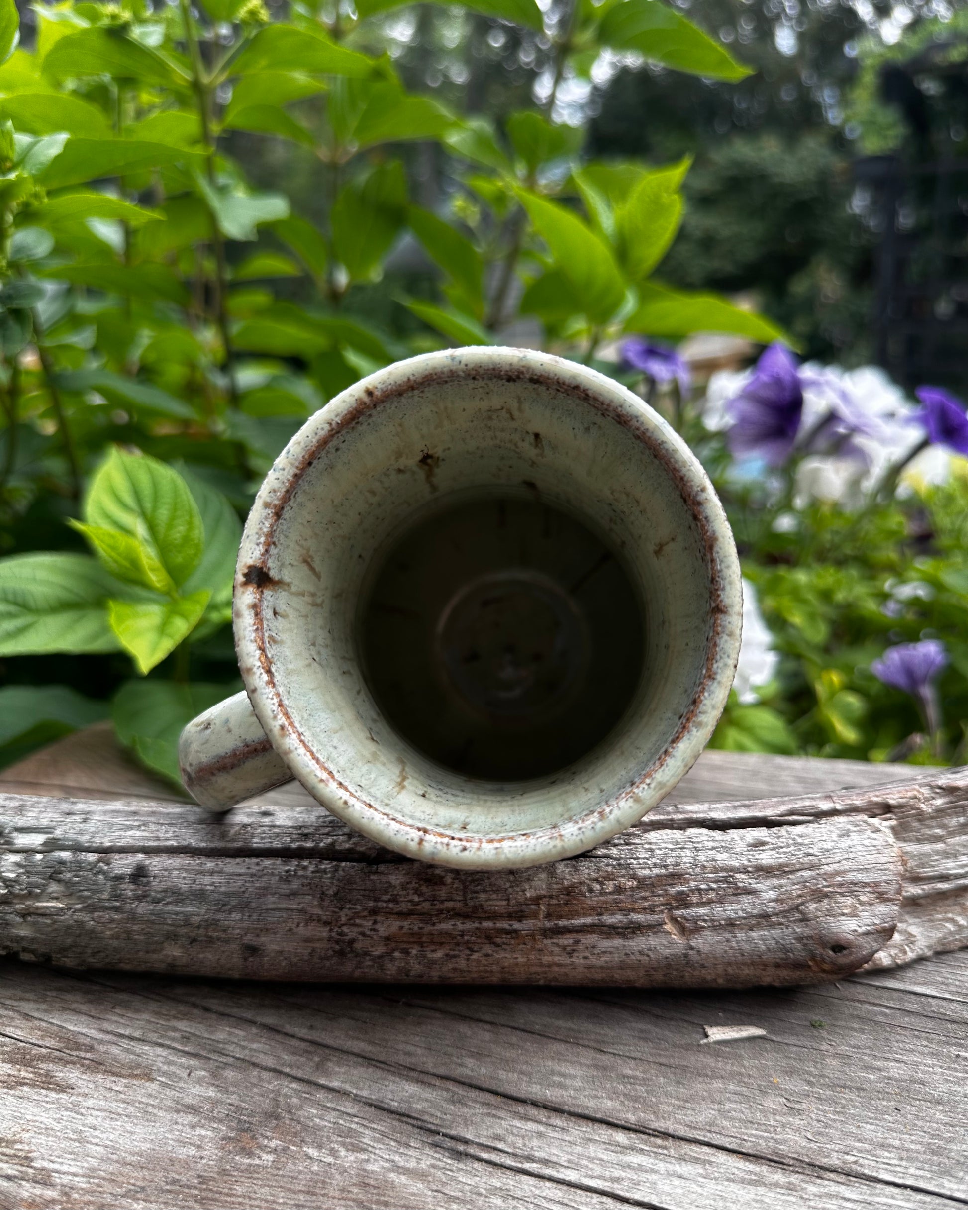 A handmade ceramic mug with a light sage green glaze and rustic brown speckles, shown from a top-down angle resting on a piece of weathered driftwood outdoors with green foliage and purple flowers in the background.