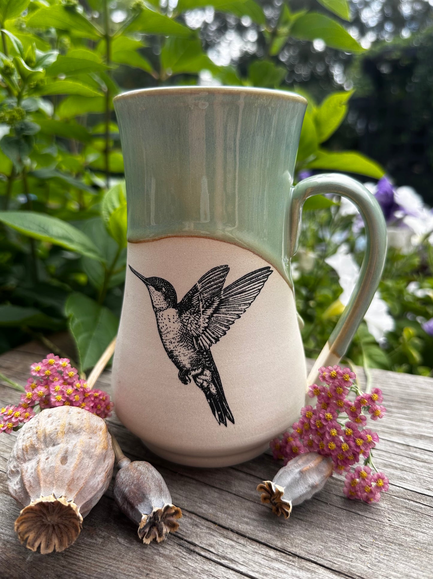 Handmade Ceramic Green Hummingbird Mug 18oz