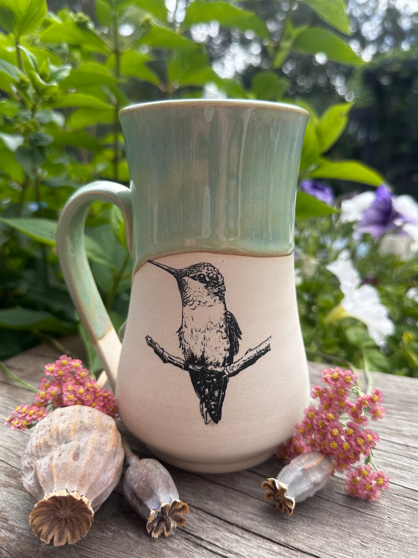 Handmade Ceramic Green Hummingbird Mug 18oz