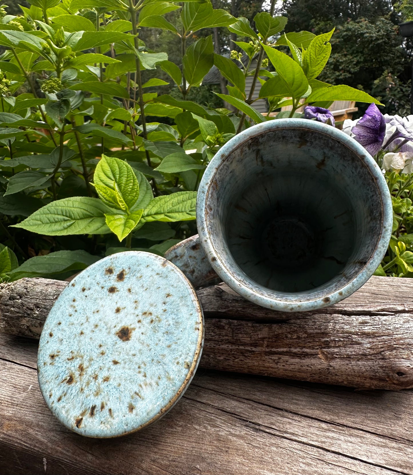 A handmade ceramic cup with its matching lid resting beside it on a rustic log, set against a background of green garden foliage.