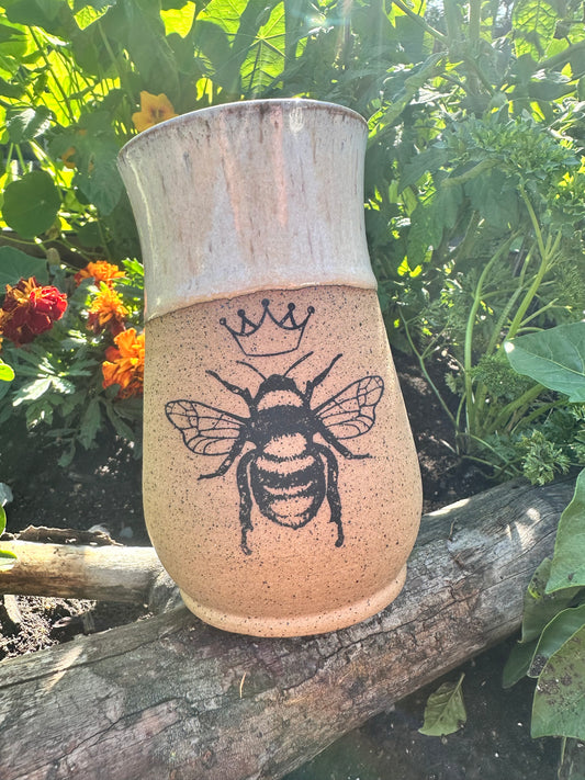 Handmade ceramic mug with queen bee design 