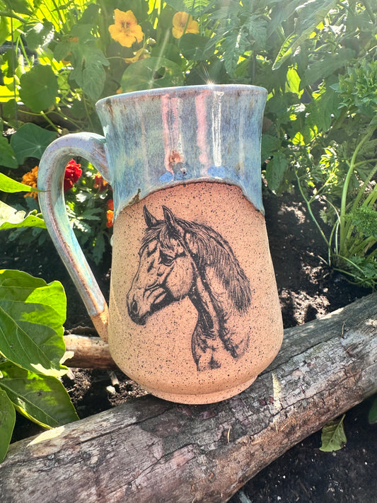Handmade ceramic mug with horse design 