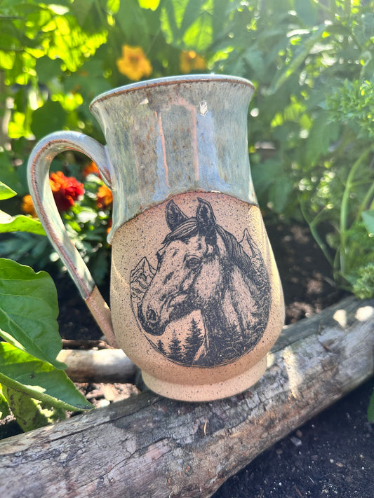 Handmade ceramic mug with horse design